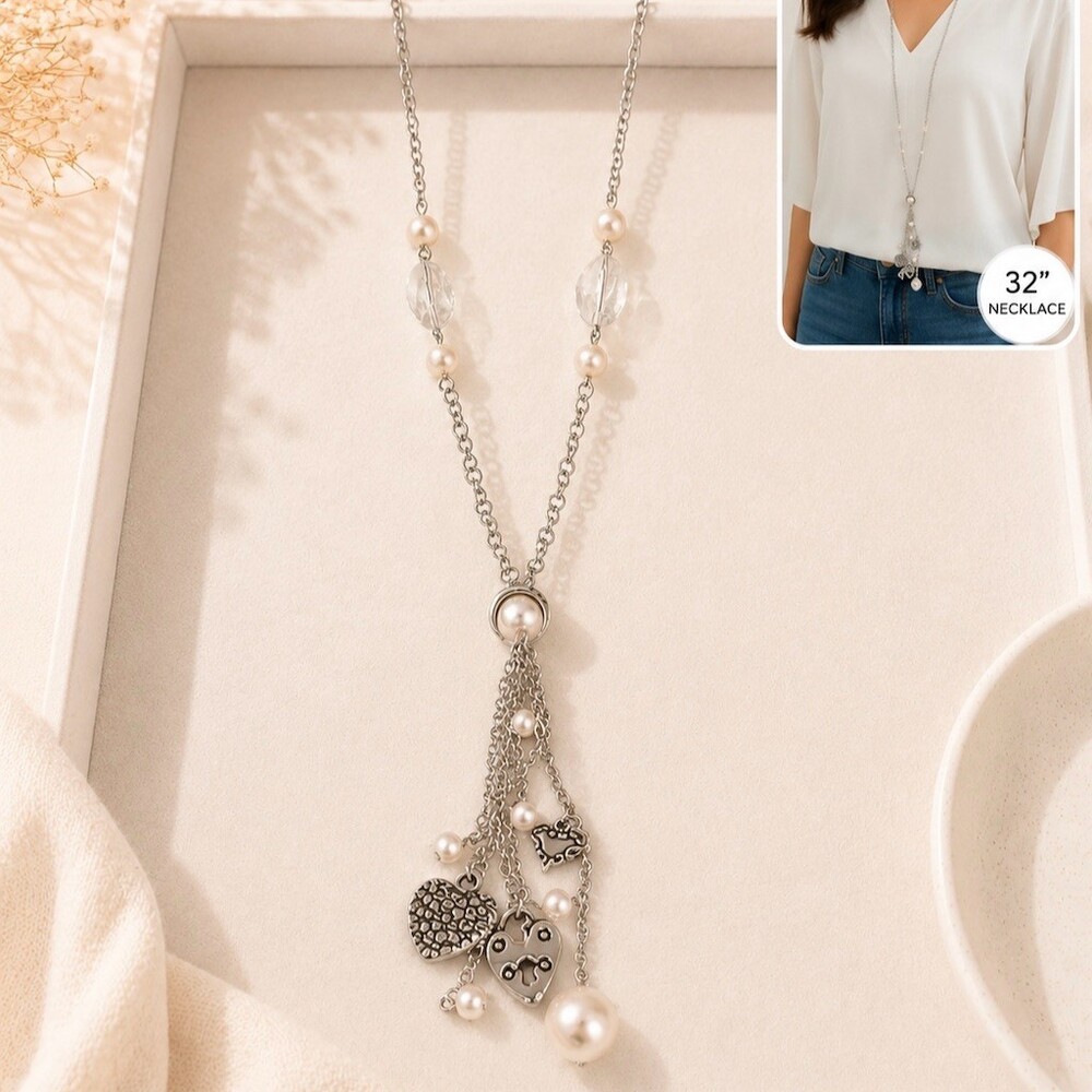 Long costume Necklace Silver  Chain Faux Pearl Crystal Tassel Heart 32 cute